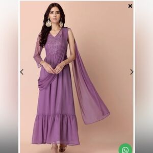 Purple Embroidered Maxi Kurta With Attached Dupatta